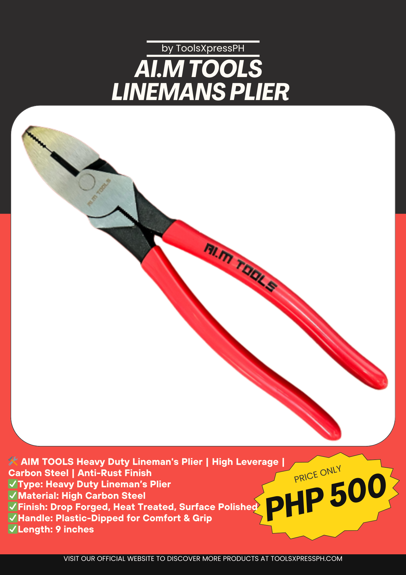 AIM Tools Linemans Plier 9 inch heavy duty High Leverage for cutting Copper Aluminum and ACSR