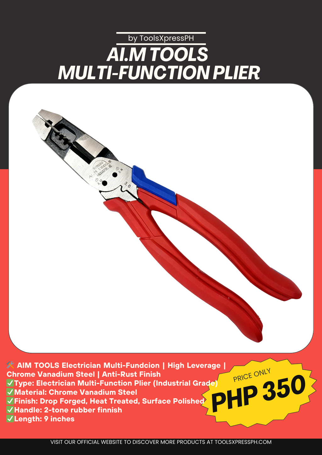 AI.M Tools Electrician Plier 9 Inches - High Leverage Design, Labor Saving 30%